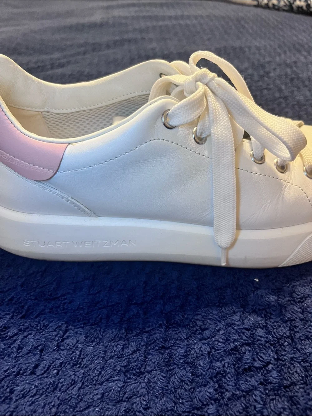 Stuart Weitzman White Leather Sneakers with Pink Heel Accent